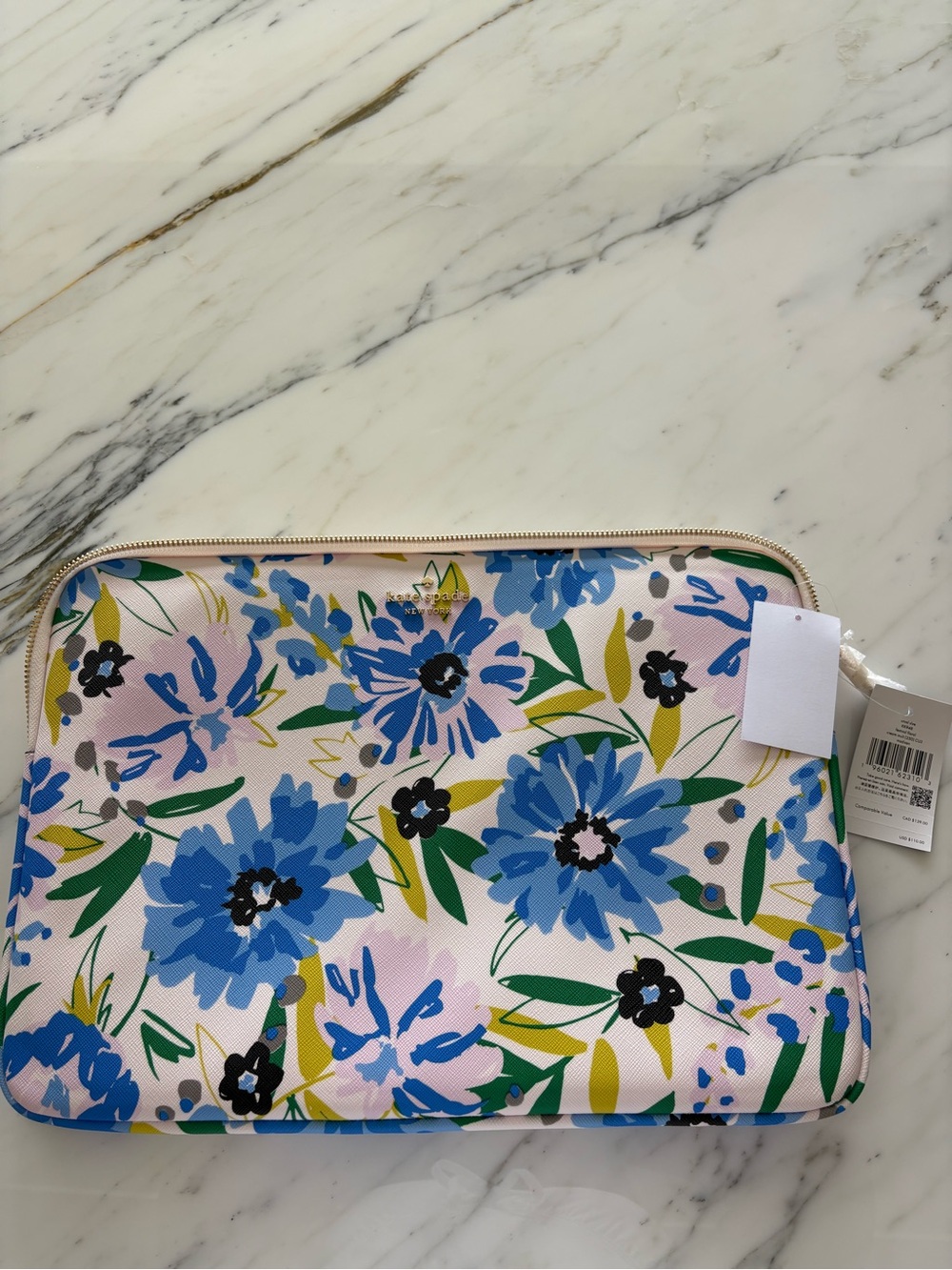 Kate Spade Pink and Blue Floral Laptop Sleeve with Gold Hardware